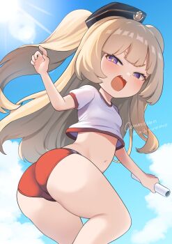 Rule 34 | + +, 1girl, :3, artist name, ass, azur lane, bache (azur lane), black hat, blonde hair, blue background, blue sky, blush, breasts, buruma, commentary, commission, cropped shirt, day, fang, gym shirt, gym uniform, hat, highres, holding baton, long hair, looking at viewer, midriff, monomogi, navel, open mouth, outdoors, petite, purple eyes, red buruma, shirt, short sleeves, sky, small breasts, solo, thick thighs, thighs, two side up, white shirt