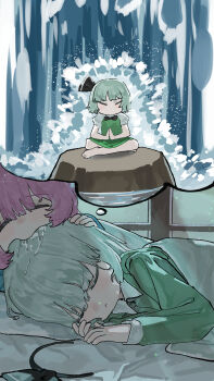 2girls commentary dreaming eating_hair expectation_vs._reality green_pajamas green_shirt grey_hair hairband highres indian_style indoors konpaku_youmu kori_(pixiv_27692799) lying meditation multiple_girls on_side own_hands_together pajamas palms_together pink_hair saigyouji_yuyuko saliva shirt sitting sleeping speech_bubble thought_bubble touhou unworn_hairband water waterfall