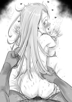 1boy 1girl absurdres all_fours anus ass blush completely_nude doggystyle gakuen_idolmaster grabbing_another's_hair greyscale heart hetero highres holding_another's_hair idolmaster kaiman_garupan loli long_hair looking_back monochrome nude sex sex_from_behind shinosawa_hiro solo_focus