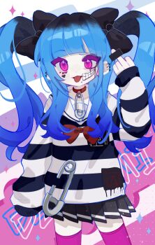 Rule 34 | 1girl, amemiya darumi, bar censor, black bow, black hair, black shirt, black skirt, blue hair, bow, bowtie, censored, character name, chin piercing, choker, colored eyelashes, commentary, cowboy shot, earclip, face piercing, facepaint, facial mark, hair bow, heart, heart facial mark, highres, long hair, long sleeves, looking at viewer, mark under eye, middle finger, miniskirt, multicolored hair, pale skin, piercing, pink eyes, pink thighhighs, pleated skirt, red bow, red bowtie, red choker, roots (hair), safety pin, sailor collar, sailor shirt, shirt, skirt, solo, sparkle, striped clothes, striped shirt, symbol-only commentary, the hundred line -last defense academy-, thighhighs, tongue, tongue out, twintails, two-tone hair, two-tone shirt, white shirt, zora009057