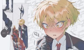 Rule 34 | 1boy, 1other, bad id, bad twitter id, black coat, black gloves, black shoes, blonde hair, blush, close-up, coat, commentary, dante (limbus company), flustered, gloves, halberd, highres, holding, holding weapon, inactive account, korean commentary, korean text, male focus, maratang, nervous sweating, object head, open mouth, polearm, project moon, red coat, shoes, sinclair (project moon), speech bubble, sweat, weapon, wide-eyed, yellow eyes