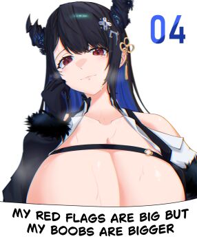 1girl absurdres asymmetrical_horns black_hair blue_hair blush breasts cleavage closed_mouth colored_inner_hair crystal_horns demon_horns english_text flower gloves hair_ornament hand_on_own_cheek hand_on_own_face hand_rest highres hololive hololive_english horn_flower horns large_breasts long_hair looking_at_viewer meme mole mole_under_eye multicolored_hair my_red_flags_are_big_but_my_boobs_are_bigger_(meme) nerissa_ravencroft nerissa_ravencroft_(1st_costume) p_protocoll red_eyes ribbed_shirt shirt simple_background smile solo tassel tassel_hair_ornament two-tone_hair uneven_horns upper_body very_long_hair virtual_youtuber