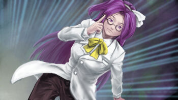 Rule 34 | 1girl, asakura rikako, ascot, black-framed eyewear, black pants, bow, closed mouth, commentary request, hair bow, highres, kawahagi modoki, long hair, looking at viewer, one-hour drawing challenge, pants, ponytail, purple eyes, purple hair, round eyewear, shirt, solo, touhou, touhou (pc-98), white bow, white shirt, yellow ascot