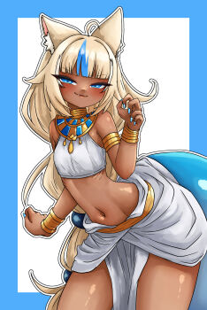 >:) 1girl :3 ahoge alternate_costume alternate_hairstyle ancient_egyptian_clothes animal_ear_fluff animal_ears arched_back armlet armpit_crease bangle bare_arms bare_shoulders blonde_hair blue_border blue_eyes blue_nails blue_streaks blue_tail blush border bracelet cat_ears cat_girl clenched_hand closed_mouth commentary contrapposto cowboy_shot crop_top dark-skinned_female dark_skin dot_nose english_commentary fang fingernails fins fish_girl fish_tail flat_chest gills gold_armlet gold_bracelet hair_flaps hair_ornament hand_up highres brown_egyptian_cat-eared_loli_(trend) indie_virtual_youtuber jewelry leaning_forward lifted_by_tail long_hair looking_at_viewer low-tied_long_hair midriff multi-tied_hair multicolored_hair nail_polish narrowed_eyes navel outline pelvic_curtain sameko_saba shiny_skin simple_background smile smug solo sphere_hair_ornament streaked_hair superfann tail tan thighs usekh_collar v-shaped_eyebrows very_long_hair virtual_youtuber white_background white_outline white_streaks