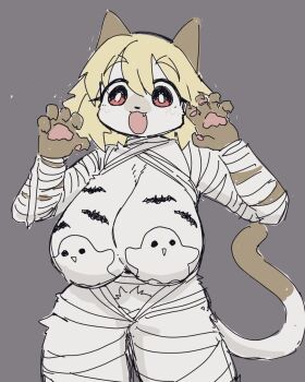 1girl 3yo4yo5yo animal_ears blonde_hair breasts cat_ears cat_girl cat_tail fang female_pubic_hair flare_(3yo4yo5yo) furry furry_female grey_background halloween halloween_costume highres huge_breasts mummy_costume original pasties pubic_hair simple_background sketch tail