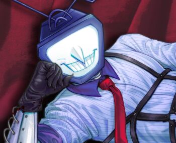 1boy ant_tenna black_gloves blood blood_on_arm chest_strap chien_vebay claws clothed_robot collared_shirt commentary crt defernull deltarune english_commentary gloves highres humanoid_robot lying male_focus necktie object_head on_side pinstripe_pattern pinstripe_shirt pointy_nose red_necktie robot shirt sleeves_rolled_up smile solo teeth utdr_(toby_fox)
