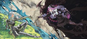 1girl absurdres ahoge armor asymmetrical_armor black_dress bow clawed_gauntlets commentary demon_girl demon_horns dress english_commentary eyepatch fine_art_parody frills gauntlets general_geega grey_hair halo highres horns indie_virtual_youtuber ironmouse knight kuroi_enpitsu leg_armor nun nun_headdress pantyhose parody pink_hair pointy_ears red_eyes skull spikes the_creation_of_adam virtual_youtuber white_horns