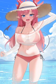1girl bikini blue_archive blue_eyes blue_sky blush breasts cloud collarbone commentary cropped_shirt demon_horns demon_tail gluteal_fold guntree halo halterneck hat highres horns large_breasts long_hair looking_at_viewer megu_(blue_archive) megu_(swimsuit)_(blue_archive) navel official_alternate_costume outdoors pointy_ears red_bikini red_hair see-through_clothes see-through_shirt shirt side-tie_bikini_bottom simple_bird sky smile solo stomach straight_hair straw_hat string_bikini swimsuit tail thighs very_long_hair wading white_shirt