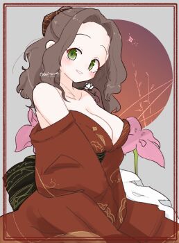 1girl bare_shoulders blush breasts brown_hair cleavage commentary cowboy_shot flower forehead green_eyes grey_background highres inset_border japanese_clothes kimono kimono_partially_removed large_breasts long_hair long_sleeves looking_at_viewer olto_rondo original parted_lips pink_flower raised_eyebrows red_kimono smile solo symbol-only_commentary white_flower