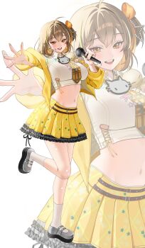 1girl absurdres ahoge anis_(nikke) anis_(star)_(t.t._star)_(nikke) blush breasts brown_hair cat_ornament goddess_of_victory:_nikke hair_ornament headset highres holding holding_microphone jacket jewelry large_breasts looking_at_viewer microphone midriff navel necktie official_alternate_costume open_mouth outstretched_arm plaid_clothes plaid_necktie shirt shoes short_hair skirt skudd367 smile socks standing standing_on_one_leg star_(symbol) teeth upper_teeth_only white_shirt white_socks yellow_jacket yellow_necktie yellow_skirt zoom_layer