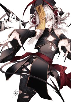 1girl :p alternate_costume ankoro_mochi arknights black_dress black_hat black_nails breasts cleavage demon_girl demon_horns demon_tail detached_sleeves dress fingernails hat highres horns jiangshi_costume long_fingernails nail_polish ofuda ofuda_on_head orange_eyes outstretched_arms qingdai_guanmao short_hair simple_background sleeveless sleeveless_dress solo tail tongue tongue_out w_(arknights) white_background white_hair zombie_pose