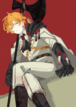 Rule 34 | 1boy, aiguillette, aitib, animal, animal on shoulder, armor, arms at sides, ascot, belt, bird, bird on shoulder, black ascot, black belt, black boots, black gauntlets, blonde hair, blood, blood in hair, blood on clothes, boots, cape, clawed gauntlets, closed mouth, collared shirt, commentary request, cross, cross earrings, crossed legs, earrings, eurasian tree sparrow, expressionless, from below, hair between eyes, halberd, highres, holding, holding polearm, holding weapon, jewelry, limbus company, looking at viewer, male focus, n corp. fanatic (identity) (project moon), pants, pauldrons, polearm, project moon, shirt, shoulder armor, sinclair (project moon), single pauldron, sitting, solo, sparrow, tsurime, wax seal, weapon, white cape, white pants, white shirt, white sleeves, wing collar, yellow eyes