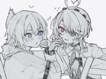 2girls ahoge arm_belt blue_eyes blush bow bowtie commentary cup drinking_glass english_commentary eyepatch folded_ponytail greyscale heart heart_ahoge highres holding holding_cup hood hooded_jacket jacket locked_arms long_sleeves maria_marionette maria_marionette_(1st_costume) monochrome multiple_girls nijisanji nijisanji_en parted_lips petra_gurin petra_gurin_(1st_costume) pink_eyes shot_glass simple_background spot_color virtual_youtuber white_background yumeku114 yuri