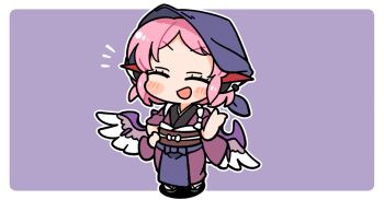 Rule 34 | 1girl, :d, ^ ^, animal ears, apron, bird ears, bird girl, bird wings, blue apron, blue headscarf, blush stickers, border, brown kimono, brown sash, chibi, chibi only, closed eyes, commentary, earrings, full body, hand on own hip, hand up, headscarf, ini (inunabe00), japanese clothes, jewelry, kimono, long sleeves, mystia lorelei, notice lines, obi, okamisty, open mouth, outline, outside border, pink hair, purple background, sash, short hair, simple background, single earring, smile, socks, solo, standing, tabi, touhou, v-shaped eyebrows, waist apron, white border, white outline, white socks, wide sleeves, wings