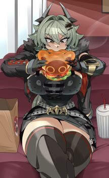 1girl absurdres breasts burger caesar_king_(zenless_zone_zero) captain_kirb cropped_legs crossed_legs curvy food green_hair hair_between_eyes highres holding holding_burger holding_food huge_breasts indoors jacket large_breasts long_hair looking_at_food sitting solo thick_thighs thighhighs thighs yellow_eyes zenless_zone_zero zettai_ryouiki