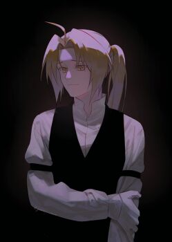 1boy ahoge armlet artist_name black_armlet black_background black_vest blonde_hair dress_shirt edward_elric fullmetal_alchemist gloves guaner_cancan hair_intakes hand_on_own_arm high_ponytail highres jewelry light_smile long_hair long_sleeves looking_down male_focus ponytail shirt sidelocks signature simple_background single_glove solo turtleneck turtleneck_shirt twitter_username vest white_gloves white_shirt yellow_eyes