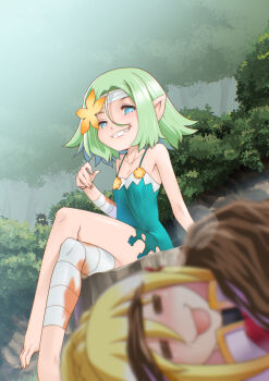 2girls =_= anraku_shōjo bandaged_leg bandages barefoot blonde_hair blue_eyes blush breasts character_request closed_eyes commentary_request crossed_legs darkness_(konosuba) dress flower glowing glowing_eyes green_hair hair_between_eyes hair_flower hair_ornament kono_subarashii_sekai_ni_shukufuku_wo! long_hair mizuki_hitoshi monster_girl multiple_girls nose_blush open_mouth plant_girl pointy_ears ponytail satou_kazuma short_hair sitting sleeveless sleeveless_dress small_breasts smile tranquility_girl tree