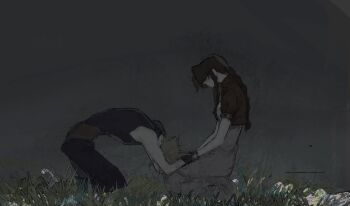 1boy 1girl aerith_gainsborough bangle belt black_pants blonde_hair bracelet braid braided_ponytail brown_belt cloud_strife commentary cropped_jacket dress english_commentary final_fantasy final_fantasy_vii gloves hair_over_eyes hair_ribbon highres holding_hands jacket jewelry kneeling long_dress pants pink_dress pink_ribbon red_jacket ribbon short_hair sidelocks single_braid sleeveless sleeveless_turtleneck suspenders turtleneck xiehuangxb