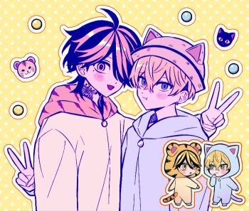 Rule 34 | 2boys, animal costume, animal hat, animal hood, animal print, black hair, blonde hair, blue eyes, blush stickers, cat costume, cat hat, cat hood, cat tail, chibi, cosplay, earrings, green eyes, grin, hair between eyes, hair over one eye, hanemiya kazutora, hat, hat with ears, highres, hood, hood up, hoodie, jewelry, kigurumi, long sleeves, male focus, matsuno chifuyu, mole, mole under eye, multicolored hair, multiple boys, neck tattoo, ocolayapap, open mouth, orange eyes, purple hoodie, short hair, single earring, smile, tail, tattoo, tiger costume, tiger hood, tiger print, tiger tail, tiger tattoo, tokyo revengers, two-tone hair, upper body, v, wolf cut, yellow hoodie