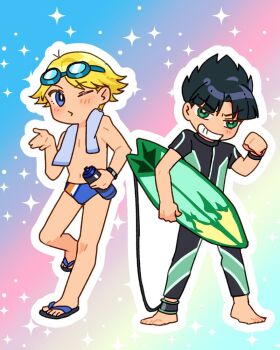 2boys aitommylove antenna_hair bad_link black_hair black_wetsuit blonde_hair blowing_kiss blue_eyes blue_swim_briefs blunt_bangs boomer_(ppg) bottle brothers butch_(ppg) clenched_hand goggles goggles_on_head gradient_background green_eyes grin highres holding holding_surfboard looking_at_viewer male_swimwear multiple_boys one_eye_closed open_hand parted_bangs powerpuff_girls rowdyruff_boys sandals siblings side-by-side smile spiked_hair star_(symbol) surfboard swim_briefs teeth water_bottle