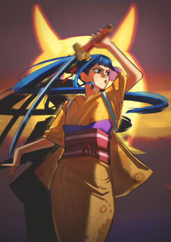 1girl absurdres blue_hair blunt_bangs commentary cowboy_shot english_commentary floating_hair highres holding holding_sword holding_weapon japanese_clothes kikunojo_(one_piece) kimono looking_to_the_side obi one_piece red_lips sash shabexzart sidelocks solo sword weapon wide_sleeves yellow_kimono