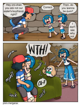 ... 1boy 3girls :d ? ^^^ age_difference ash_ketchum ass bare_arms bare_shoulders bird blue_eyes blue_hair blush_stickers couch english_text fellatio flip-flops full_body garabato gen_7_pokemon grabbing_another's_ass groping hairband happy harper_(pokemon) hat hetero kiss kodomo_doushi lana_(pokemon) loli looking_at_another multiple_girls nintendo no_pants no_pupils open_mouth oral panties pants pink_panties pokemon pokemon_(anime) pokemon_sm pokemon_sm_(anime) profile red_headwear rowlet sandals sarah_(pokemon) sharp_teeth shirt shoes shorts shota siblings sisters sitting smile speech_bubble squatting striped_clothes striped_shirt teeth thumbs_up twins underwear watermark white_shirt wooden_floor