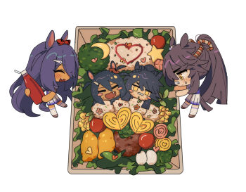 2girls animal_ears bandaid bandaid_on_face bandaid_on_nose bento black_hair blush breasts brown_hair cherry_tomato chibi closed_eyes closed_mouth dark-skinned_female dark_skin deformed ear_ornament ear_scrunchie fang food food_art hair_between_eyes hair_ornament hairclip highres hishi_amazon_(umamusume) holding horse_ears horse_girl horse_tail hwipa_(param_blue) ketchup ketchup_bottle kyaraben long_hair lunchbox meat multiple_girls narita_brian_(umamusume) open_mouth ponytail purple_shirt red_scrunchie rice rope sailor_collar sailor_shirt school_uniform scrunchie shimenawa shirt shoes short_sleeves skirt smile star_(symbol) sweatdrop tail tempura thighhighs tomato tracen_school_uniform umamusume vegetable very_long_hair white_skirt white_thighhighs yellow_eyes