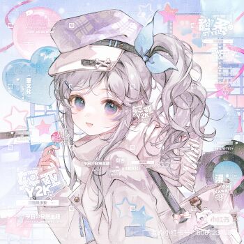 1girl absurdres bag balloon belt black_belt blue_background blue_eyes blue_shirt bone bone_hat_ornament newsboy_cap candy chinese_commentary chupa_chups commentary_request commission dot_nose eyelashes fang food fringe_trim gradient_eyes grey_hair grey_jacket grey_scarf hair_ornament hairclip hat hat_belt hat_ornament heart_balloon highres holding holding_candy holding_food holding_lollipop jacket jinyejing light_blush lollipop long_hair long_sleeves multicolored_eyes nail_polish open_clothes open_jacket open_mouth original plaid_hat procreate_(medium) purple_eyes purple_hat purple_nails sample_watermark scarf shirt shopping_bag side_ponytail sidelocks skin_fang sleeves_past_wrists smile solo star_(symbol) too_many_watermarks upper_body watermark watermark_grid wavy_hair xiaohongshu_logo y2k_fashion