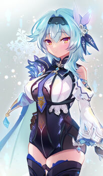 Rule 34 | 1girl, bare shoulders, black gloves, black hairband, black leotard, black thighhighs, blue hair, breasts, closed mouth, commentary request, eula (genshin impact), genshin impact, gloves, hair between eyes, hair intakes, hairband, hand on own hip, highres, ichiyou moka, juliet sleeves, leotard, long sleeves, looking at viewer, medium breasts, puffy sleeves, red eyes, snowflakes, solo, thighhighs