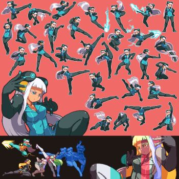 1girl alternate_color attack black_pantyhose blue_dress blue_eyes blue_nails blue_skirt bodysuit borrowed_character breasts clone collage collar crane_stance divekick_(attack) dress electro_emilia energy_blast fighting_game fighting_game_portrait fighting_stance flying_kick hand_on_own_hip headgear heel_drop kicking kneeling leg_sweep legs long_hair microdress multiple_girls multiple_views nail_polish neon_trim original oversplit palette_swap palm_strike panties panties_over_pantyhose pantyhose parody pink_background pixel_art punching sb_(coco1) sidelocks skirt split sprite_art sprite_sheet sprites standing standing_on_one_leg standing_split underwear uppercut very_long_hair white_hair