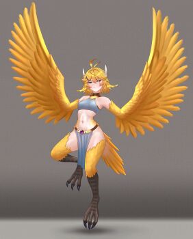 1girl absurdres adversarial_noise antenna_hair bare_shoulders blonde_hair breasts cipher4109 cleavage cleavage_cutout clothing_cutout commentary crop_top dokibird embarrassed feather_hair feather_hair_ornament feathers full_body green_eyes hair_between_eyes hair_ornament harpy highres indie_virtual_youtuber medium_breasts midriff monster_girl monsterification mouth_veil navel short_hair sidelocks skirt sleeveless small_breasts solo spread_wings stomach talons thick_thighs thighs veil virtual_youtuber winged_arms wings