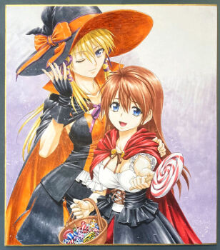 2girls breasts candy character_request closed_mouth emerald_dragon food halloween halloween_costume hat kimura_akihiro lollipop long_hair looking_at_viewer multiple_girls open_mouth smile swirl_lollipop traditional_media witch_hat