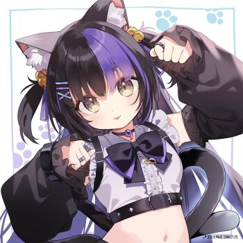 1girl animal_ear_fluff animal_ears anya_nyabyss artist_request bell black_bow black_bowtie black_hair bow bowtie cat_ears cat_girl cat_tail center_frills copyright_notice cropped_shirt frills hair_bell hair_ornament jewelry magatama navel official_art paw_print phase_connect purple_hair ring sleeves_past_wrists solo tail virtual_youtuber