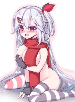 Rule 34 | 1girl, @ @, arm under breasts, asymmetrical legwear, between legs, black gloves, black ribbon, blush, breasts, cleavage, commentary request, covering breasts, covering privates, crossed bangs, double-parted bangs, embarrassed, fingerless gloves, foot out of frame, fringe trim, gattengou, gloves, grey hair, hair between eyes, hair ornament, hair ribbon, hair spread out, hairclip, hanasaki work spring, hand between legs, highres, large breasts, long hair, long scarf, looking at viewer, mismatched legwear, nose blush, nude, one side up, open mouth, outline, parallel hairclips, pink outline, red eyes, red ribbon, red scarf, ribbon, scarf, shiranui inori, sidelocks, simple background, sitting, solo, straight hair, striped clothes, striped thighhighs, thighhighs, v-shaped eyebrows, very long hair, wariza, white background, white ribbon