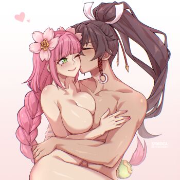 1boy 1girl absurdres braid breasts brown_hair closed_eyes commission commissioner_upload completely_nude flower green_eyes hair_flower hair_ornament hetero highres kiss kissing_cheek large_breasts long_hair nude one_eye_closed pink_hair ponytail rune_factory rune_factory:_guardians_of_azuma smile subaru_(rune_factory) symoca ulalaka