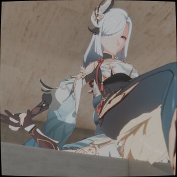 Rule 34 | 1boy, 1girl, 3d, aether (genshin impact), assertive female, b-banto, blonde hair, bodysuit, brown gloves, clenched hand, day, face in ass, femdom, from below, genshin impact, gloves, hand on another's hand, highres, holding hands, interlocked fingers, long hair, self-upload, shenhe (genshin impact), sitting, sitting on face, sitting on person, smother, thighs, white hair