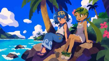 2girls absurdres blue_eyes blue_hair blue_pants blue_sailor_collar blue_sky bright_pupils capri_pants cloud commentary dark-skinned_female dark_skin english_commentary eye_contact flower green_eyes green_hair green_headband green_shoes grey_overalls hairband headband hibiscus highres lana_(pokemon) long_hair looking_at_another low_twintails mallow_(pokemon) multiple_girls niconiikura nintendo no_sclera on_rock open_mouth outdoors overall_shorts overalls palm_tree pants pokemon pokemon_sun_and_moon sailor_collar shoes short_hair sitting sky smile swept_bangs tree twintails vest water white_pupils white_vest yellow_hairband