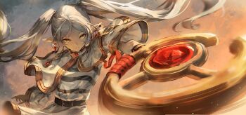 1girl absurdres arkilide belt black_belt capelet closed_mouth commentary earrings elf english_commentary foreshortening frieren green_eyes hair_lift highres holding holding_staff jewelry long_hair mage_staff parted_bangs pointy_ears solo sousou_no_frieren staff teardrop_earrings thick_eyebrows twintails white_capelet white_hair wide_sleeves