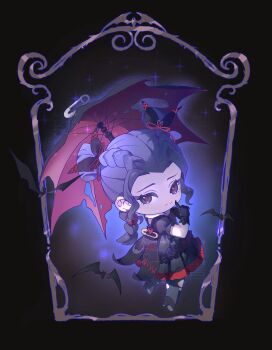 1girl bat_(animal) black_background black_bow black_dress black_gloves black_umbrella blue_outline bow braid bright_pupils chibi chinese_commentary closed_mouth commentary_request double_bun dream-like_night_(infinity_nikki) dress eyelashes finger_to_cheek floating forehead frilled_dress frilled_sleeves frills gloves gothic_lolita grey_eyes grey_hair hair_bow hair_bun hair_ornament hair_ribbon happy heart heart_hair_ornament highres holding holding_umbrella infinity_nikki lolita_fashion long_hair medium_dress nikki_(series) outline paperclip picture_frame pleated_dress puffy_short_sleeves puffy_sleeves red_pupils red_ribbon red_umbrella ribbon short_sleeves side_braid solo sparkle torn_umbrella tsurime twin_braids two-sided_umbrella umbrella umbrella_over_shoulder yuqing99999
