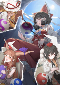 4girls :d ;d ascot black_hair black_ribbon black_skirt blonde_hair blue_ascot blue_sky blunt_bangs bow breasts brown_eyes brown_hair brown_horns commentary_request crossed_arms day detached_sleeves frilled_ascot frilled_bow frilled_hair_tubes frilled_sleeves frills gohei gourd hair_bow hair_tubes hakurei_reimu hand_on_own_face hat hat_ribbon highres holding holding_gohei holding_gourd horn_ornament horn_ribbon horns ibuki_suika long_hair long_sleeves medium_breasts mob_cap multiple_girls neck_ribbon one_eye_closed open_mouth orb puffy_short_sleeves puffy_sleeves purple_ribbon purple_tabard red_bow red_eyes red_hat red_ribbon red_skirt red_vest ribbon ribbon-trimmed_shirt ribbon-trimmed_skirt ribbon-trimmed_sleeves ribbon_trim shameimaru_aya shirt short_hair short_sleeves skirt sky sleeveless sleeveless_shirt smile subterranean_animism sun tabard tokin_hat touhou vest wanko_sora watermark white_shirt white_sleeves wide_sleeves yakumo_yukari yellow_bow yin_yang yin_yang_orb