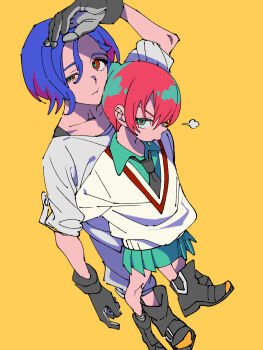 1boy 1girl amate_yuzuriha bow full_body gloves gundam gundam_gquuuuuux red_hair short_hair simple_background twitter yellow_bow zashima