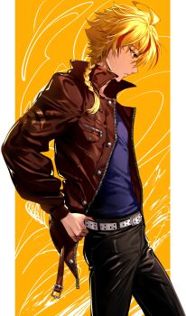 Rule 34 | 1boy, absurdres, belt, belt buckle, black pants, blonde hair, blue shirt, braid, brown jacket, buckle, closed mouth, collared jacket, commentary, english commentary, fate/strange fake, fate (series), highres, jacket, long sleeves, male focus, multicolored hair, muneomon (takomon), open clothes, open jacket, pants, pillarboxed, popped collar, profile, red hair, richard i (fate), shirt, shirt tucked in, solo, streaked hair, studded belt, white belt