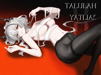 1girl ampatit arched_back arknights armpits bare_arms bare_shoulders black_horns black_pantyhose breasts budget_sarashi character_name chest_sarashi closed_mouth commentary covered_erect_nipples dragon_girl dragon_horns eyelashes foot_out_of_frame grey_eyes grey_hair groin hair_between_eyes hair_intakes hands_up highres horns looking_at_viewer lying medium_breasts medium_hair midriff navel no_panties no_pants on_back pantyhose raised_inner_eyebrows red_background sarashi see-through_pantyhose slit_pupils solo talulah_(arknights) thighband_pantyhose thighs underboob