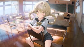 1girl absurdres black_sailor_collar black_skirt blonde_hair blush braid braided_hair_rings breasts chalkboard classroom desk genshin_impact guisin_(chibi_ghost) hair_rings highres indoors jahoda_(genshin_impact) large_breasts long_hair looking_at_viewer neckerchief sailor_collar school_desk school_uniform shirt short_sleeves sitting skirt solo spread_legs white_shirt yellow_eyes yellow_neckerchief