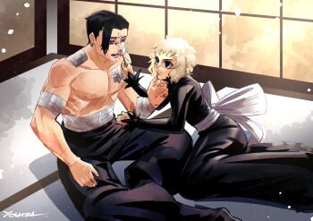 Rule 34 | 1boy, 1girl, absurdres, bandaged arm, bandages, black dress, black eyes, dress, hetero, highres, kagurabachi, kuguri (kagurabachi), long sleeves, multiple scars, muscular, muscular male, ribbon, scar, short hair, toto (kagurabachi), yowhza