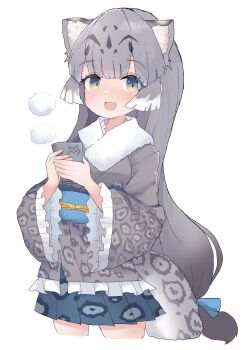 1girl absurdres animal_print belt blue_belt blue_eyes blue_skirt blush cowboy_shot cup extra_ears fang frilled_sleeves frills fur_collar gradient_eyes grey_hair grey_kimono hair_between_eyes highres japanese_clothes kemono_friends kimono leopard_print long_hair long_sleeves multicolored_eyes multicolored_hair obi open_mouth pleated_skirt print_kimono print_skirt sash short_kimono sidelocks skirt smile snow_leopard_(kemono_friends) snow_leopard_ears snow_leopard_girl snow_leopard_tail solo steam two-tone_hair vulpesgentiana white_fur white_hair