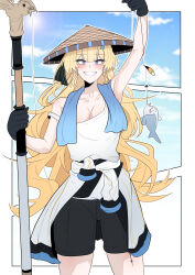Rule 34 | 1girl, absurdres, alternate costume, black gloves, black shorts, blonde hair, blue eyes, blue sky, blush, breasts, cleavage, collarbone, commentary, day, fish, fishing line, gloves, hair ornament, hat, highres, holding, holding staff, long hair, looking at viewer, medium breasts, nort muhehehe, outdoors, phoebe (wuthering waves), shirt, shorts, sky, smile, solo, staff, strap slip, tacet mark (wuthering waves), tied shirt, towel, towel around neck, white shirt, wuthering waves, x hair ornament