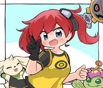 Rule 34 | aiba ami, blue eyes, digimon, digimon story: cyber sleuth, goggles, goggles on head, hagurumon, kica28v, long hair, palmon, red hair, sidetail, terriermon