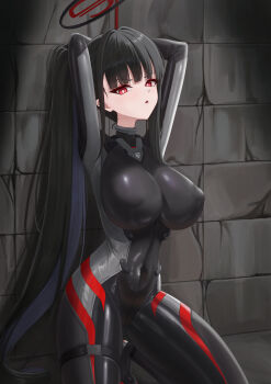 Rule 34 | 1girl, absurdres, arms behind head, arms up, black bodysuit, black hair, black halo, blue archive, blunt bangs, bodysuit, bound, bound wrists, breasts, bright pupils, commentary, commonalty, covered erect nipples, covered navel, halo, highres, impossible bodysuit, impossible clothes, indoors, kneeling, large breasts, latex, latex bodysuit, long hair, looking at viewer, multicolored halo, official alternate costume, official alternate hairstyle, paid reward available, parted lips, ponytail, red eyes, restrained, ringed eyes, rio (armed) (blue archive), rio (blue archive), rope, shadow, sidelocks, skin tight, solo, stationary restraints, two-tone halo, very long hair, white pupils