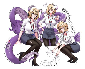 1girl alternate_costume black_pantyhose black_shoes blonde_hair blue_skirt book closed_mouth collarbone commentary_request cowboy_shot cowlick flying_sweatdrops full_body highres holding holding_book id_card invisible_chair mole mole_under_mouth multiple_views namhaekeuin open_mouth pantyhose paper pointing pointing_at_viewer purple_eyes shirt shirt_tucked_in shoes short_hair simple_background sitting skirt sleeves_rolled_up spoken_squiggle squatting squiggle suction_cups tentacle_girl tentacle_tail tentacles torn_clothes torn_pantyhose twitter_username white_background white_shirt yidhari_murphy zenless_zone_zero